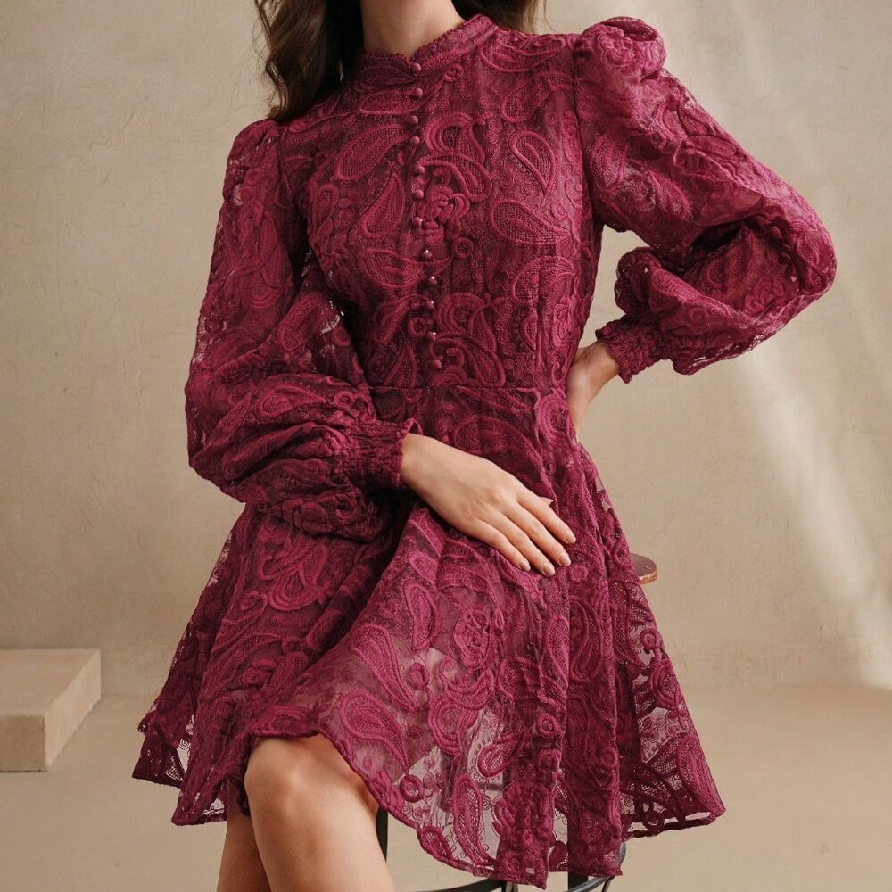 Burgundy Elegant Women's Floral Mesh Lantern Sleeve Dress - Picture 5 of 6